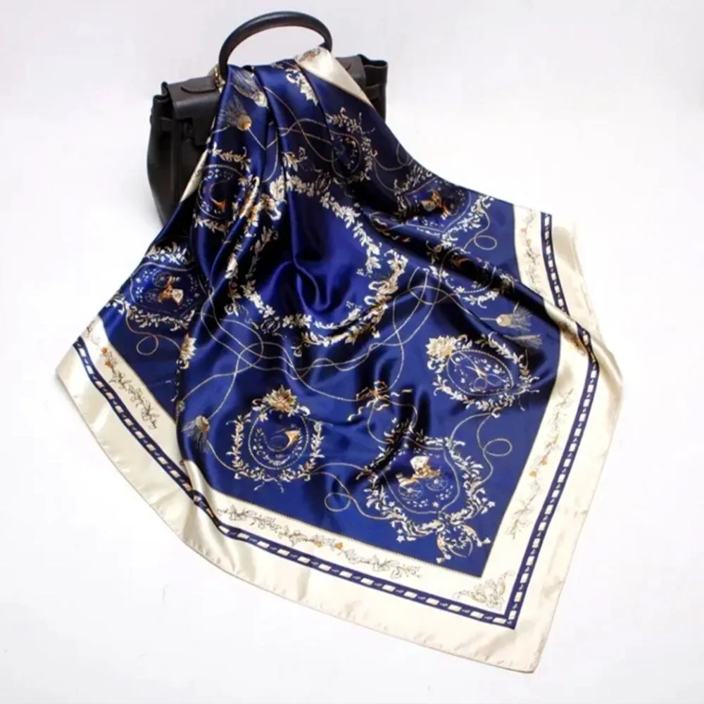 Scarf Headwraps for Women Silk Scarf Navy Satin Print 35 x 35